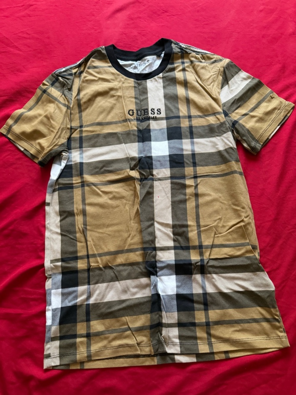 Guess Plaid Logo Tee in Mustard, Black, Cream